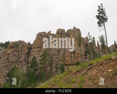 In der Nähe Blick auf Granitfelsen und Felsformationen am Straßenrand entlang Nadeln Autobahn an der Custer State Park in South Dakota. Stockfoto