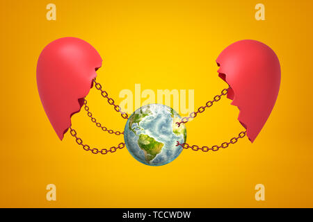 3D-Rendering von Earth Globus verkettete zwischen zwei roten gebrochenes Herz stücke auf gelben Hintergrund. Ökologie und Umwelt Stockfoto
