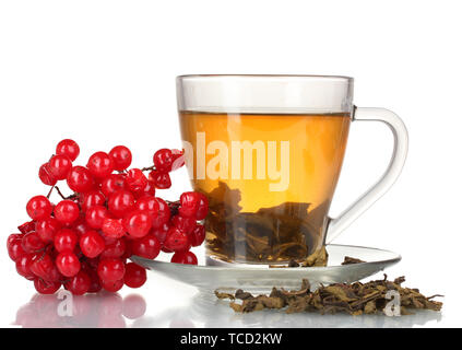 Grüner Tee mit roten Viburnum in Glas Schale isoliert auf weißem Stockfoto