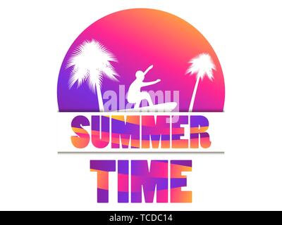Sommer. Banner mit Palmen und ein Surfer auf einen Sonnenuntergang Hintergrund. Farbverlauf Gelb und Violett. Vector Illustration Stock Vektor