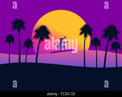 Sommer Hintergrund mit einem Surfer und Palmen auf einen Sonnenuntergang Hintergrund. Farbverlauf Gelb und Violett. Vector Illustration Stock Vektor