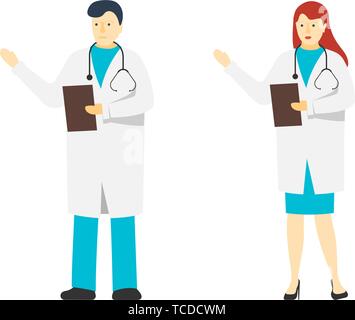Zwei junge Ärzte, männlich und weiblich. Medizin Krankenhaus Personal. Weiß Mann und Frau Doktor Zeichen mit Stethoskop. Vektor Flachbild medizinische Mitarbeiter Stock Vektor