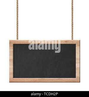 Tafel mit hellen Holzrahmen hängen an Seilen auf weißem Hintergrund Stockfoto
