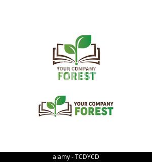 Logo Buch öffnen und Grün sprießen. Symbol des Wissens, Ökologie, Wald. Vektor Logo für Ihre Firma. Stock Vektor
