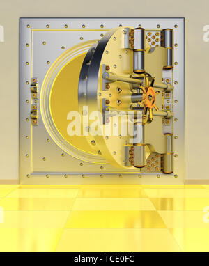Vorderansicht des Licht gold Tresorraum Tür, geschlossen. Die Tür zum Tresorraum mit einer Menge von geheimen Mechanismen und Kennwörter. 3D-Rendering Stockfoto