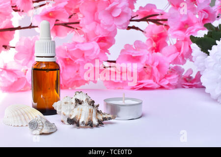 Florale Arganöl Hintergrund. Die Flasche hinter Pink sakura Blumen, davor Seeschnecke Muscheln und kleinen Teelicht Duftkerzen in Metallrahmen. Stockfoto