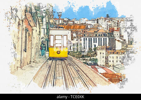 Aquarell Skizze oder Abbildung eines klassischen gelben Straßenbahn auf einer Straße in Lissabon in Portugal. Stockfoto