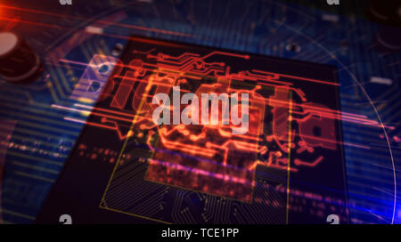 Grosse Daten analysieren Hologramm über funktionierende cpu im Hintergrund. Futuristisch mit Platine. Moderne abstrakte Konzept 3d-Abbildung der neuen Cyber techno Stockfoto