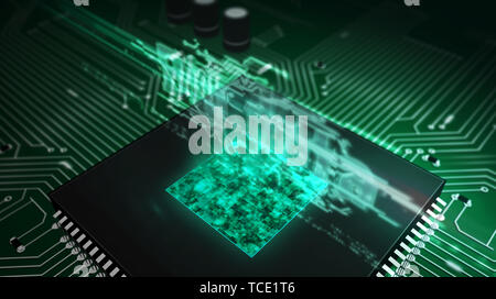 Grosse Daten analysieren und digitale Datenverarbeitung symbol Hologramm über funktionierende cpu im Hintergrund. Futuristische 3d-Abbildung mit Platine. Moderne abstrac Stockfoto