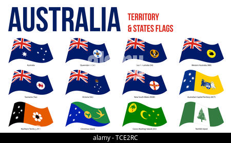 Australien alle Staaten, interne Territorien und der externen Gebiet Fahnen schwenkten Vector Illustration auf weißem Hintergrund. Stockfoto