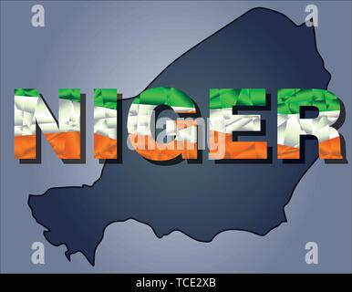 Die Konturen des Territoriums von Niger Niger und Wort in den Farben der Nationalflagge, grün, weiss und orange. Afrika kontinent Stock Vektor