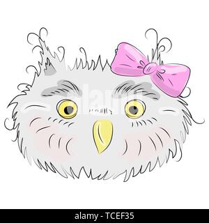 Cute Eule Gesicht in einem floralen Frame mit einem Bogen, Owl, Design, trendige, grau, pink Stock Vektor