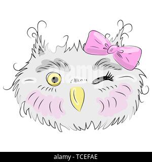 Cute Eule Gesicht in einem floralen Frame mit einem Bogen, Owl, Design, trendige, grau, pink Stock Vektor