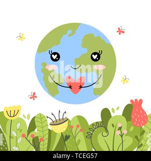 Happy Earth Day. Cute cartoon Lustig kawaii Charakter. Vector Illustration. Stock Vektor