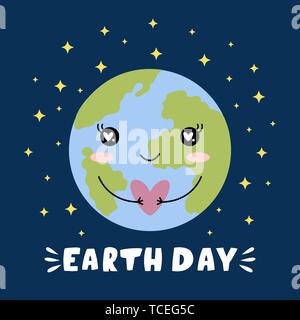 Happy Earth Day. Cute cartoon Lustig kawaii Charakter. Vector Illustration. Stock Vektor