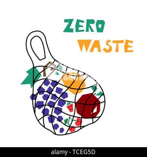Eco Beutel mit ökologischen Obst. Null Abfall Konzept. Vector Illustration. Stock Vektor