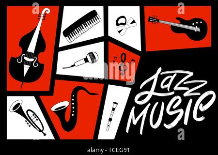 Jazz Festival Plakat mit Musikinstrumenten (Klavier, Flöte, Gitarre, Cello, Saxophon, Mikrofon und Trompeten). Internationalen Jazz. Vektor h Stock Vektor