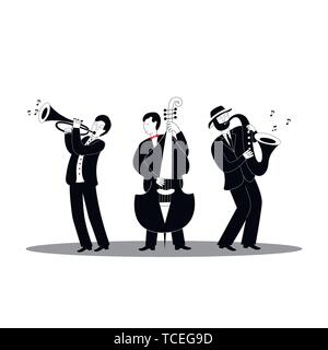 Jazz Band. Jazz Musiker in der klassischen schwarzen Anzügen auf einem weißen Hintergrund. Internationalen Jazz und World Jazz Festival. Vector Illustration. Stock Vektor