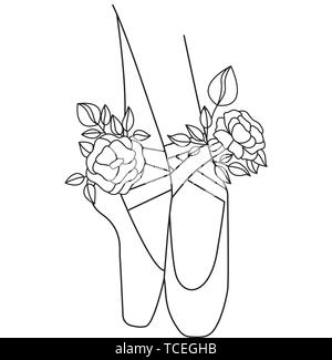 Ballet Shoes Silhouette mit Blumen Pfingstrosen. Design Kunst für Postkarte Stock Vektor
