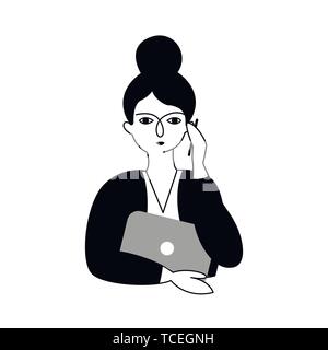 Business woman sprechen Sie auf dem Smartphone und hält den Laptop in den Händen. Stock Vektor