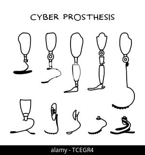 Satz von zehn Hand gezeichnet Prothese auf einem weißen Hintergrund. Prothese für das Bein. Moderne Exoskelett prothetischen Mechanismus. Cyber Prothese. Vektor illustr Stock Vektor