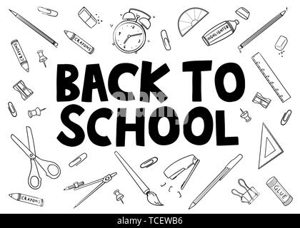 Zurück zu Schule Doodle mit stationären Tools. Vector Illustration doodle auf breiten Hintergrund. Hand gezeichneten Umriss der stationären Tools. Für Print, Web, Ho Stock Vektor