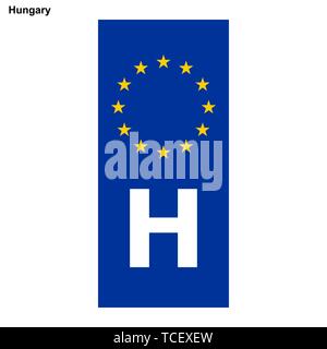 Fahrzeug Kennzeichen von Ungarn. EU-Land Kennung. blaues Band auf Kennzeichen Stock Vektor