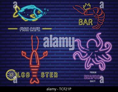 Fisch neon Vector Icons einstellen. Hummer, Tintenfisch und Garnelen Symbolvorlage Stock Vektor