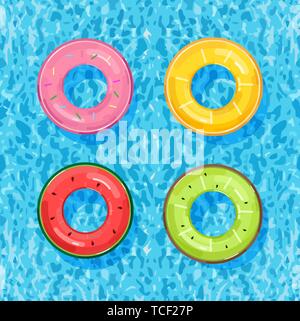 Bunte pool Ringe auf dem Wasser Hintergrund Vektor. Sommer poster Aufblasbare leben Ringe in den Früchten Stil Stock Vektor