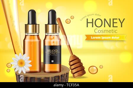 Honig serum Flasche Vektor realistisch. Product placement Mock up. Label Design Paket. Natur Hintergrund. 3D-Darstellung Stock Vektor