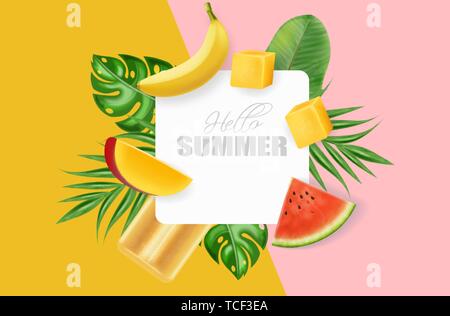 Sommer abstrakte Palmblättern banner Vektor realistisch. Banane, Mango und Wassermelone saftigen Scheiben. Bunten Hintergrund Poster Stock Vektor