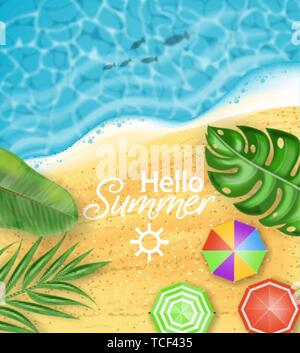 Hallo Sommer Card Strand Meer Vektor realistische Ansicht von oben. Palm Blätter, Schirme, Strand Hintergrund. Sommer heiß Plakat Vorlage Stock Vektor