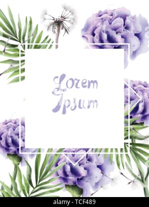 Lila Blüten und Löwenzahn Vektor Aquarell. Sommer blumen Karte Stock Vektor