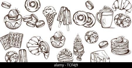 Süßigkeiten Muster Vektor line Art Stil. Eis, Croissants, Pfannkuchen, Abbildung Stock Vektor