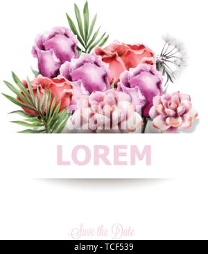 Hochzeit Karte mit bunten Blumen Vektor Aquarell. Rosen und Sukkulenten florales Dekor Stock Vektor