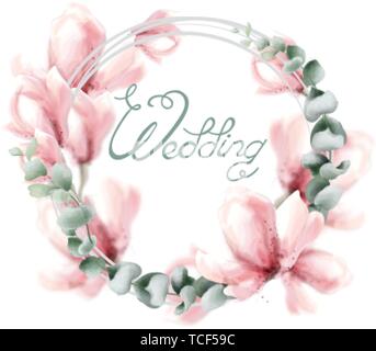 Hochzeit Kranz mit rosa Blumen Vektor Aquarell. Mit zarten Blumenmustern rahmen Dekor Stock Vektor