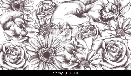 Vintage blumen muster Vektor line Art. Rosen und Sonnenblumen detaillierte Textur Stock Vektor