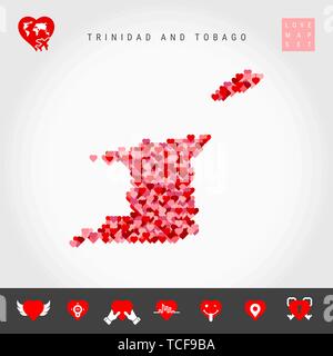 Ich liebe Trinidad und Tobago. Rot und rosa Herzen Muster vektorkarte von Trinidad und Tobago isoliert auf grauen Hintergrund. Liebe Symbol gesetzt. Stock Vektor