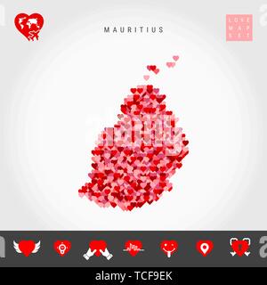 Ich liebe Mauritius. Rot und rosa Herzen Muster vektorkarte von Mauritius isoliert auf grauen Hintergrund. Liebe Symbol gesetzt. Stock Vektor