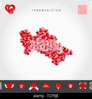 Ich liebe Turkmenistan. Rot und rosa Herzen Muster Vektor Karte von Turkmenistan isoliert auf grauen Hintergrund. Liebe Symbol gesetzt. Stock Vektor