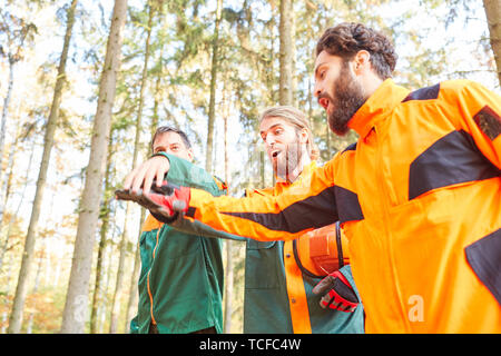 Wald Arbeiter team Stapel Hände als Zeichen der Teambuilding und Motivation Stockfoto