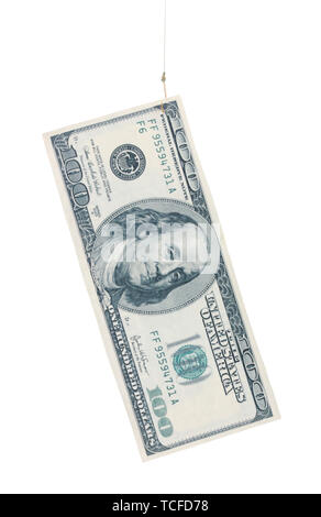 Geld für Fisch Haken isoliert auf weißem Stockfoto