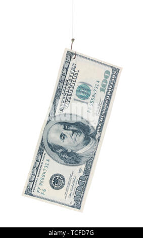 Geld für Fisch Haken isoliert auf weißem Stockfoto