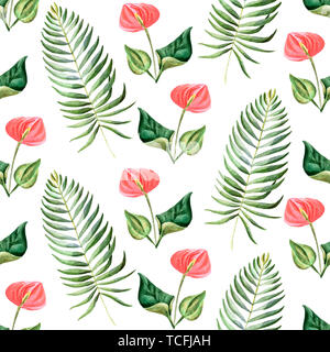 Aquarell Sommer nahtlose Muster mit tropischen Blumen Stockfoto
