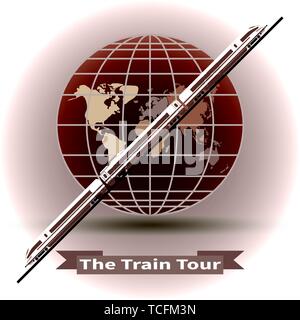 Zug Tour. Moderne Zug auf einem Globus Hintergrund. Runde - Welt zu reisen. Trendige Konzept für Infografiken, Kataloge, Informationen. Kugel und Bahn ve Stock Vektor