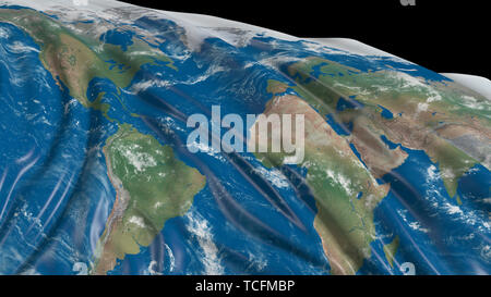 3D-Rendering für eine Fahne mit der Beschaffenheit des Planeten Erde. Die Flagge entwickelt sich sanft im Wind. Wind Wellen über die Verbreitung Stockfoto