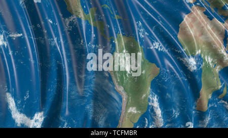 3D-Rendering für eine Fahne mit der Beschaffenheit des Planeten Erde. Die Flagge entwickelt sich sanft im Wind. Wind Wellen über die Verbreitung Stockfoto