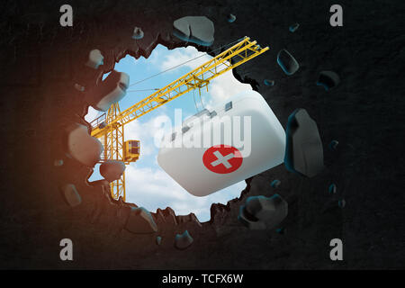 3D-Rendering von hebekran Durchführung medizinischer Beutel und bricht die Wand, dass sie das Loch mit blauem Himmel durch gesehen. Stockfoto