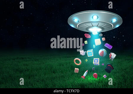 3D-Rendering von UFO in Luft bei Nacht mit Sonstige Objekte fallen auf den grünen Rasen von der offenen Luke. Stockfoto