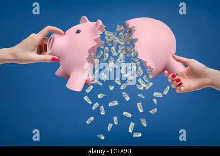 Woman's Hände, die zwei Teile der gebrochenen Sparschwein mit Haufen Geld aus ihm heraus zu fallen. Stockfoto